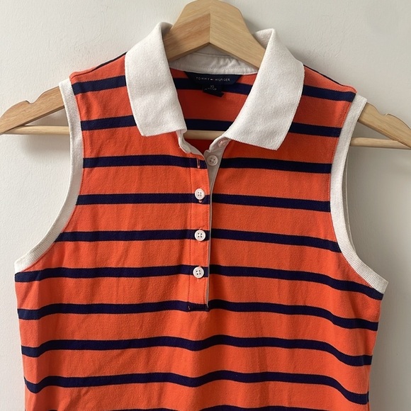 Tommy Hilfiger Slim Fit Stripe Stretch Polo Dress XS orange navy sleeveless - Picture 3 of 11